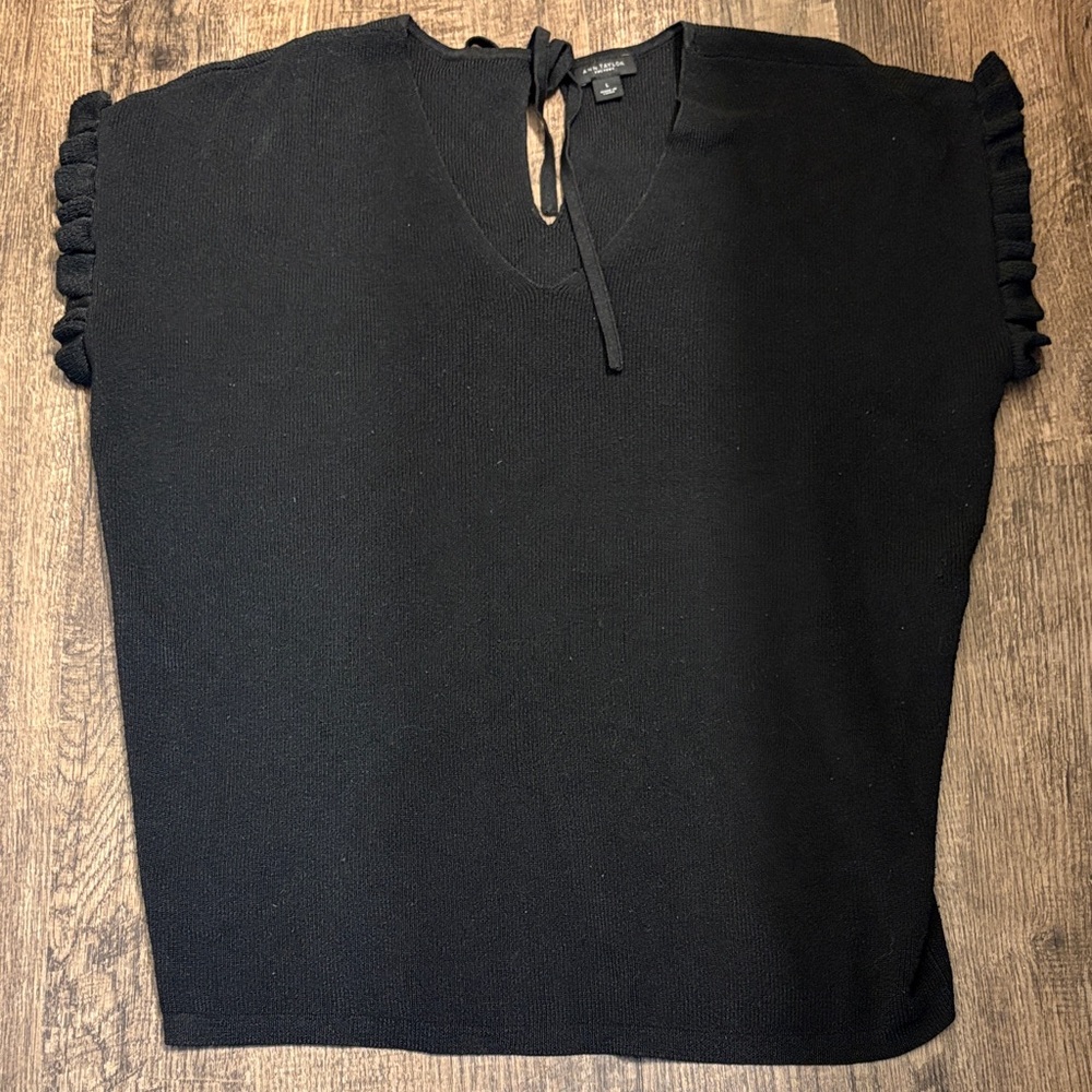 Ann Taylor Black Knit V-neck Top with Tie Back ruffle sleeve